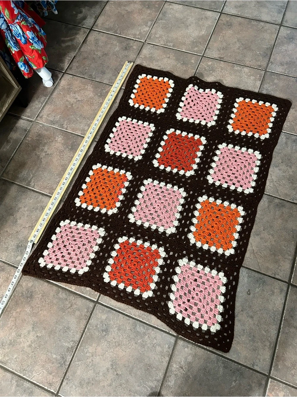 Handmade Brown Crochet Granny Square Throw with Pink, Orange & Cream